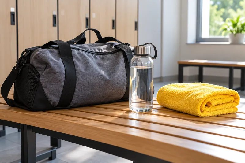 Sportowa torba, butelka wody i mały ręcznik na ławce w szatni, bez ludzi