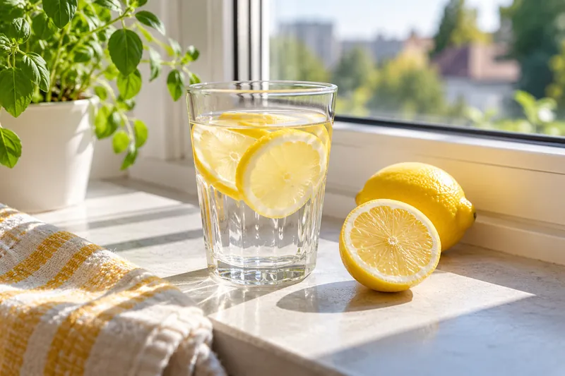 Szklanka wody z cytryną na parapecie, rano